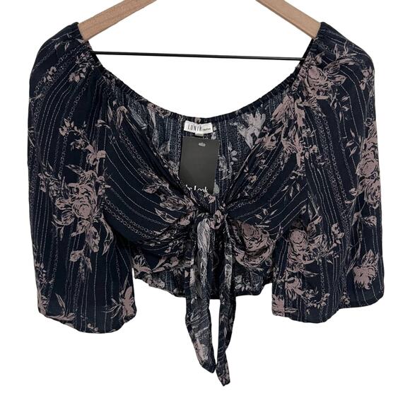 Lunik Tie Front Crop Top Size Medium New Gray & Mauve Floral Stripe - Picture 1 of 7